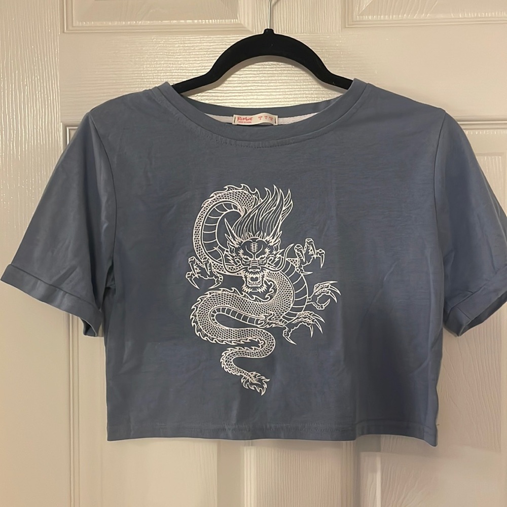 romwe; blue dragon crop tee